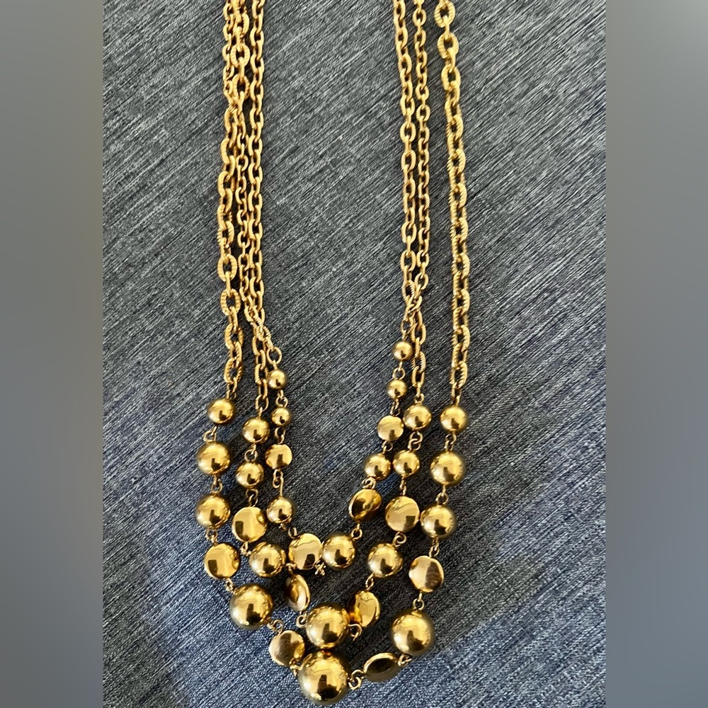 NECKLACE FASHION 3-Strand Gold Beaded Ball Shapes with Chain